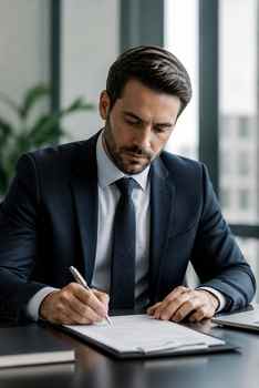 A businessman in a suit signing a contract in an office setting, emphasizing professional context.