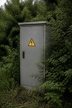 A gray electrical box surrounded by dense bushes with a warning sticker displayed prominently.