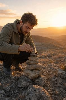 A man building a stone cairn in İncesu, Kayseri, Türkiye during sunset.