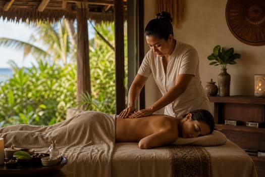 A relaxing spa session with a masseur and client in Playa del Carmen, Mexico, offering therapeutic massage services.