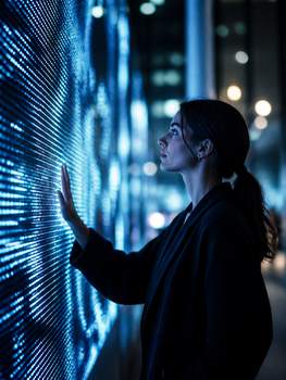 A woman interacts with a digital LED display, creating a modern aesthetic.