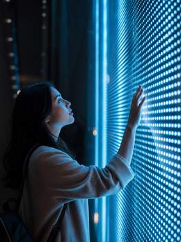 A woman interacts with a digital LED display, creating a modern aesthetic.