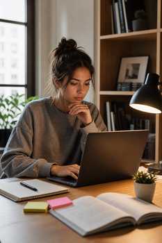 A young woman focused on her laptop, studying in a modern indoor setting.
