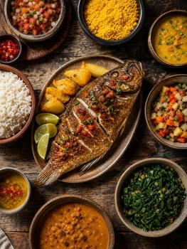 Aerial view of a traditional Brazilian meal with roasted fish and sides, rich in flavors.