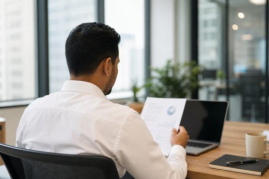 Back view focused ethnic male in white shirt reading document while sitting at desk with netbook in light office