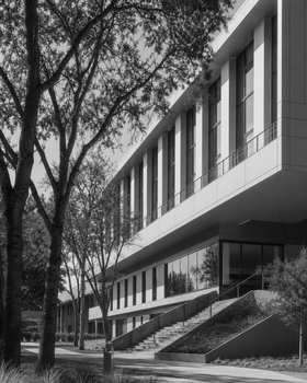 Black and white photo of a modern educational building exterior with trees in the foreground.