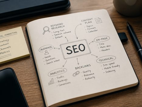 Close-up of notebook with SEO terms and keywords, highlighting digital marketing strategy.