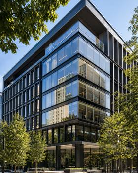 Contemporary glass-fronted office building with trees in urban setting on a sunny day.