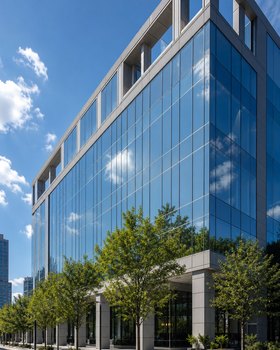 Contemporary glass-fronted office building with trees in urban setting on a sunny day.