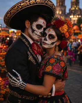 Couple in traditional Día de los Muertos costumes embracing in Mexico City.