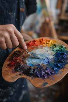 Detailed view of an artist mixing paint on a wooden palette using a spatula. Perfect for creative projects.