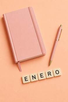 Minimalist flat lay of a pink notebook, pen, and ENERO tiles on a peach background.