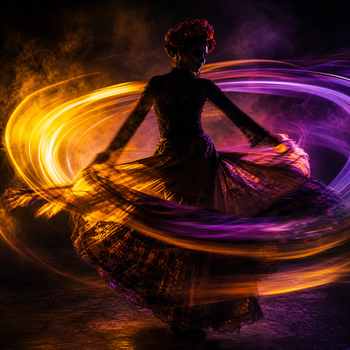 Silhouette of a Catrina dancer with vibrant light trails in a dark setting, embodying Mexican culture.