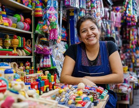 Smiling woman in market stall selling colorful toys in Ciudad de México.
