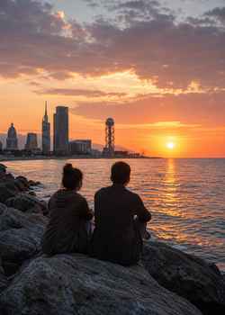 Two people enjoy a peaceful sunset on Batumi's rocky coast, embodying tranquility and connection.