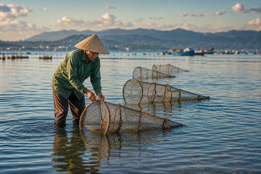 Vietnamese fisher in conical hat wading in Quy Nhơn water with traps.