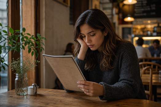 Young woman intensely focused on reading a menu inside a café, creating an introspective and cozy atmosphere.